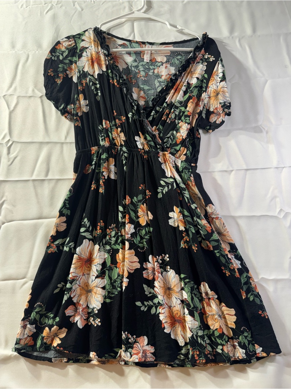 Xhilaration Small Black Floral Wrap Mini Dress with Peach Blooms